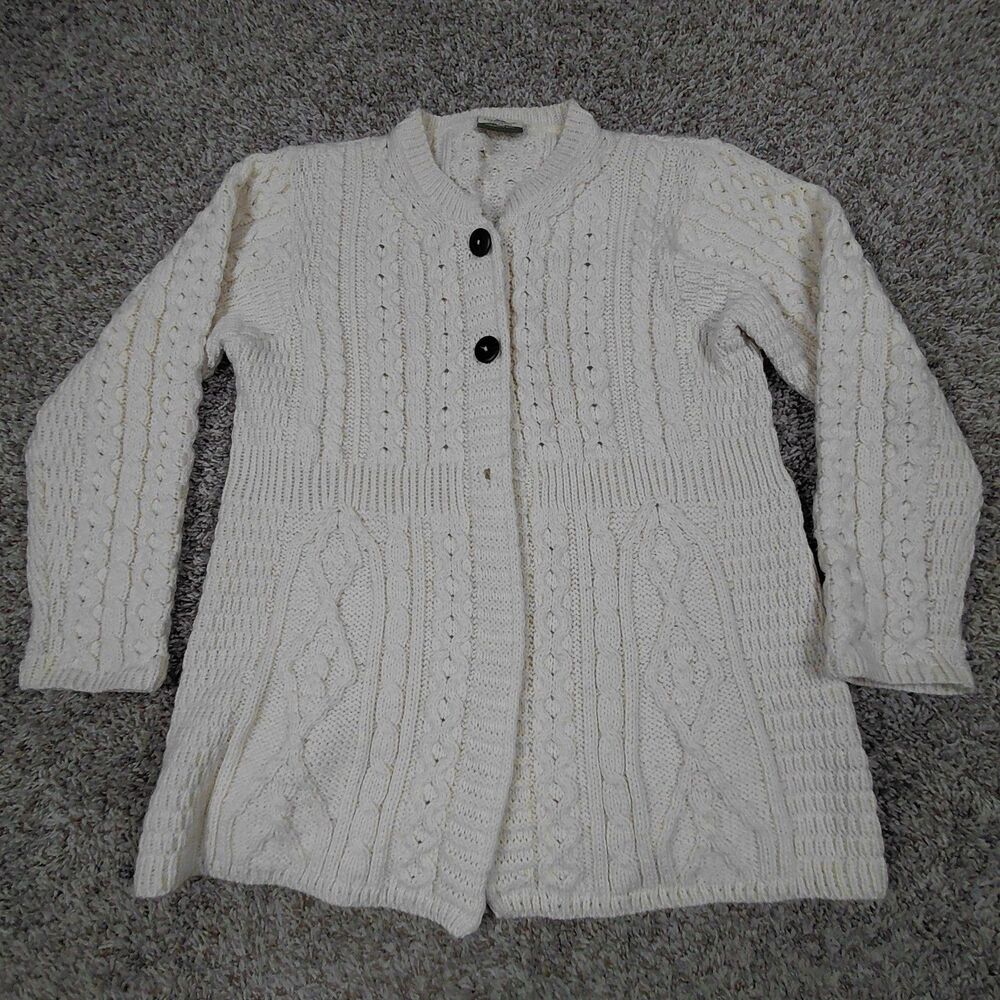 Carraig Donn Merino Wool Cardigan Sweater Womens Large Cable Knit Fisherman READ